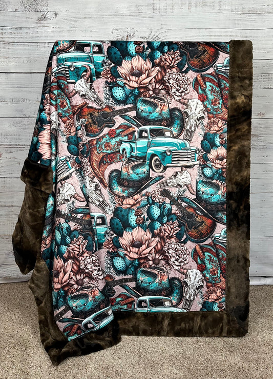 Vintage Western on Brown Tie-Dye Luxe 54x79 Large Minky Blanket Spoonflower Quality