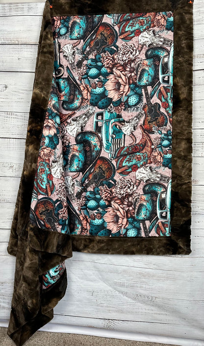 Vintage Western on Brown Tie-Dye Luxe 54x79 Large Minky Blanket Spoonflower Quality