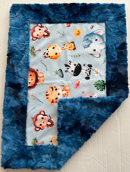 Safari Animal Nursery on Blue Luxe Galaxy 17x26 Lovey Size Minky Blanket