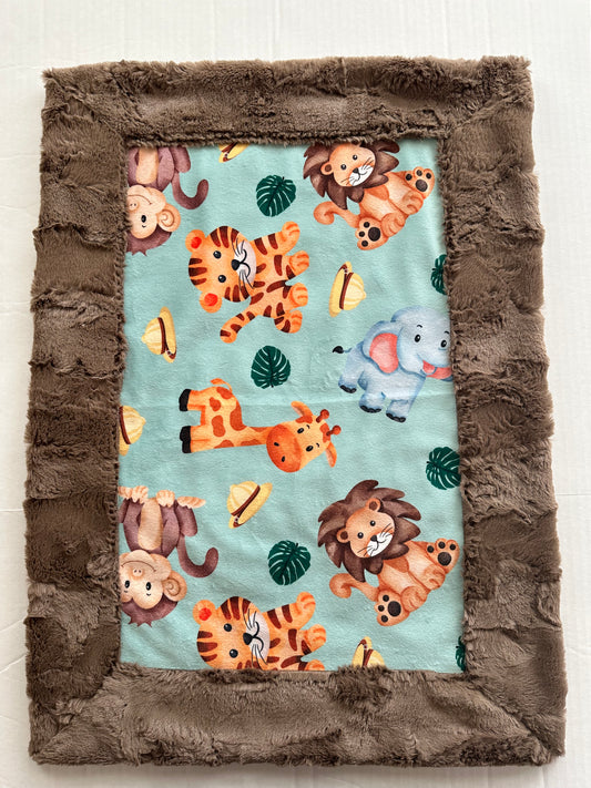 Safari Animals Green on Truffle Luxe 17x26 Lovey Size Baby Blanket