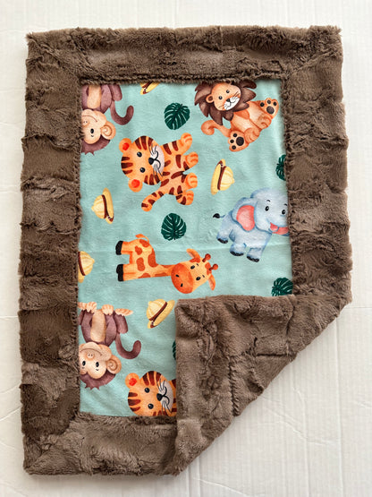 Safari Animals Green on Truffle Luxe 17x26 Lovey Size Baby Blanket