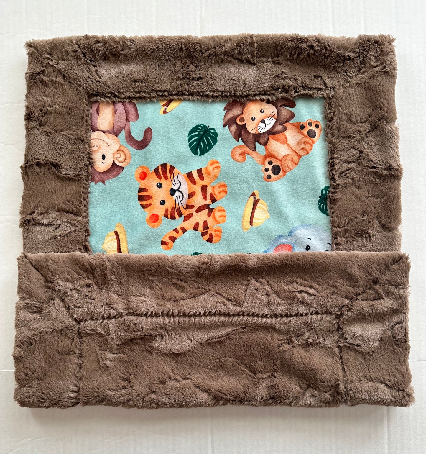 Safari Animals Green on Truffle Luxe 17x26 Lovey Size Baby Blanket