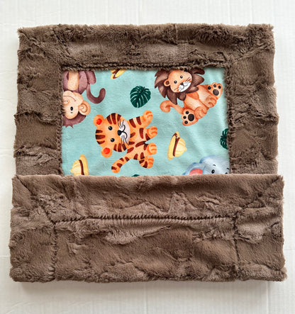 Safari Animals Green on Truffle Luxe 17x26 Lovey Size Baby Blanket