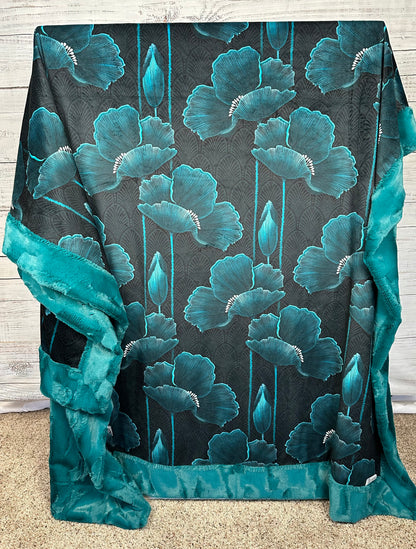 Art Deco Poppies Teal Large Minky Blanket 55x79