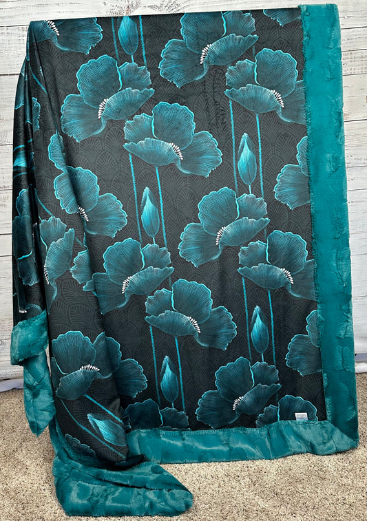 Art Deco Poppies Teal Large Minky Blanket 55x79