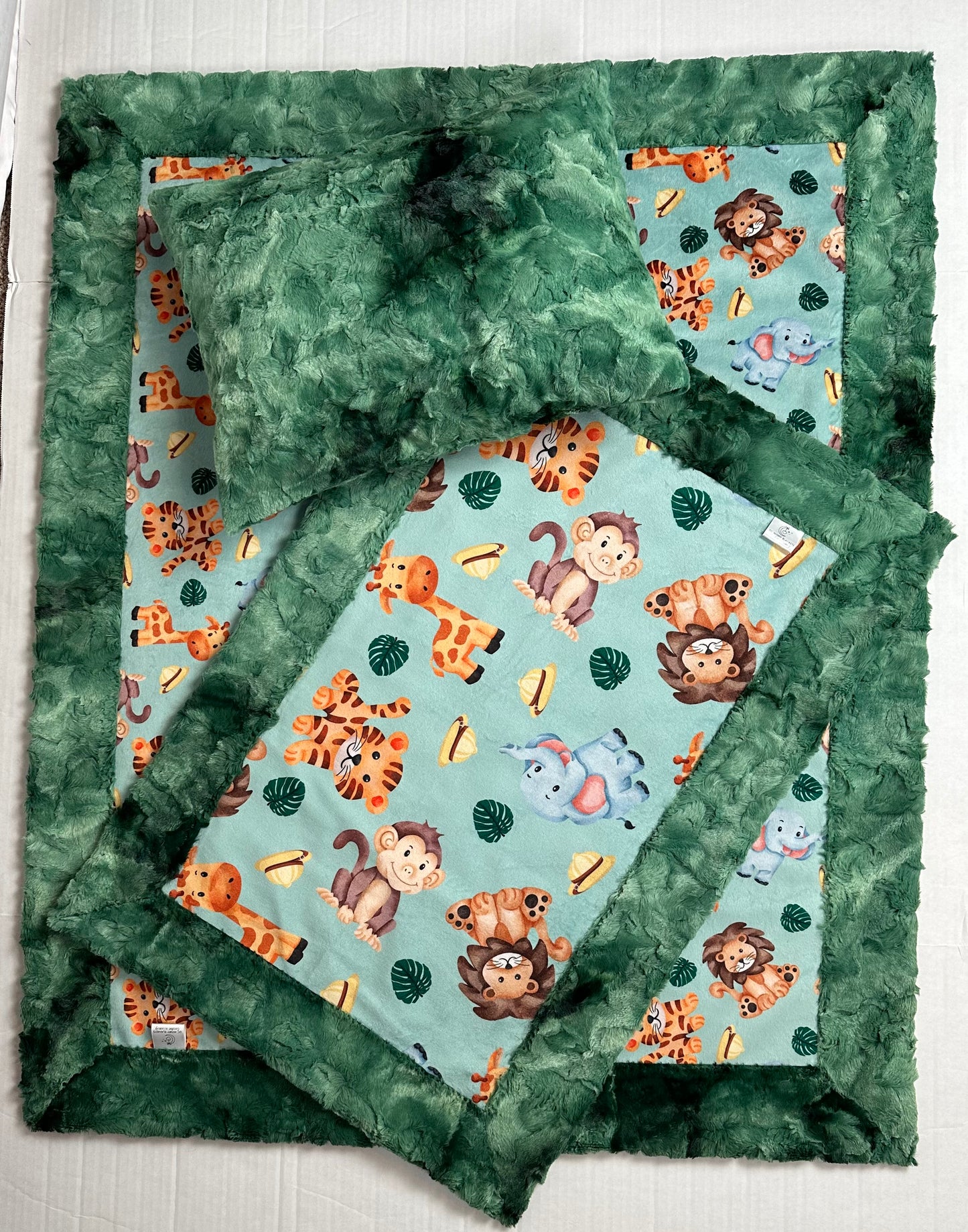 Safari Baby Animals on Evergreen Luxe Baby Blanket Set. 34x44 Baby Blanket, 17x26 Lovey, 13x17 Pillowcase