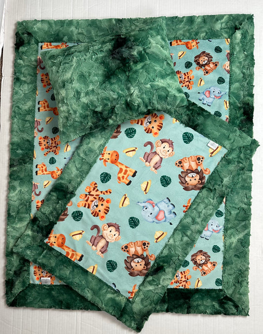 Safari Baby Animals on Evergreen Luxe Baby Blanket Set. 34x44 Baby Blanket, 17x26 Lovey, 13x17 Pillowcase