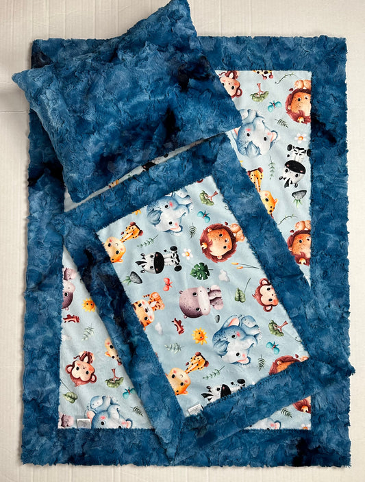 Safari animal Nursery on Blue Luxe Galaxy Baby Blanket Set 34x44 Blanket, 17x26 Lovey, 13x17 Pillowcase