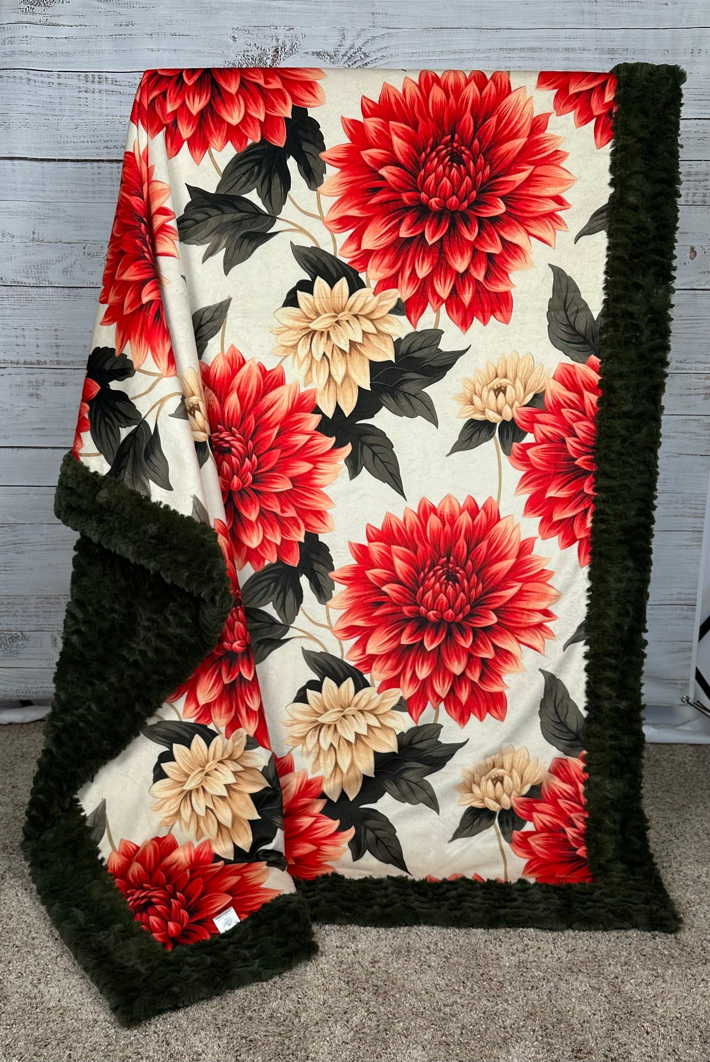 Dahlias on Loden Luxe Large 55x79 Minky Blanket Spoonflower