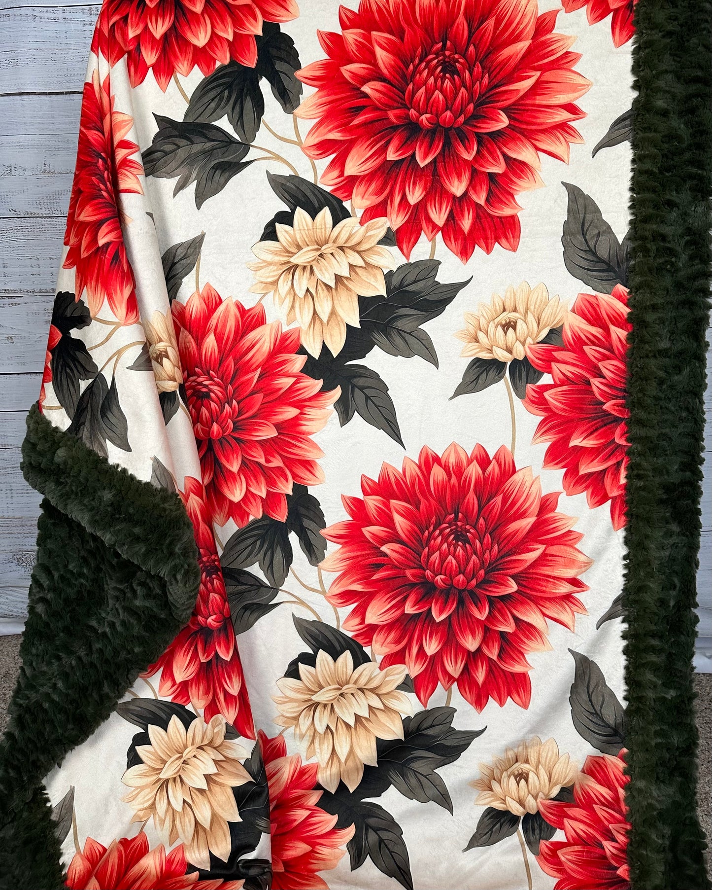 Dahlias on Loden Luxe Large 55x79 Minky Blanket Spoonflower Quality