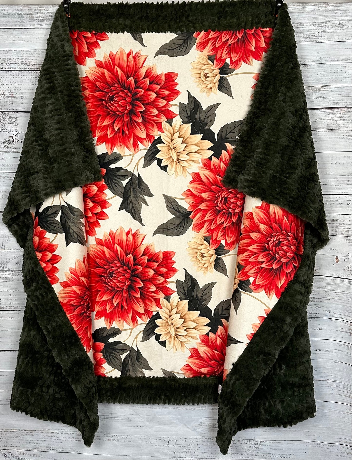 Dahlias on Loden Luxe Large 55x79 Minky Blanket Spoonflower Quality