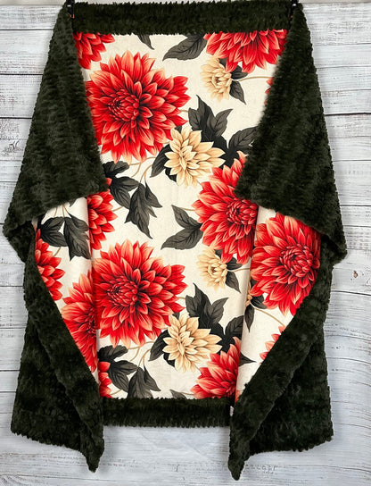 Dahlias on Loden Luxe Large 55x79 Minky Blanket Spoonflower Quality