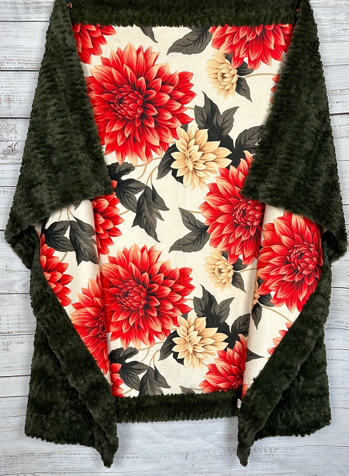 Dahlias on Loden Luxe Large 55x79 Minky Blanket Spoonflower Quality
