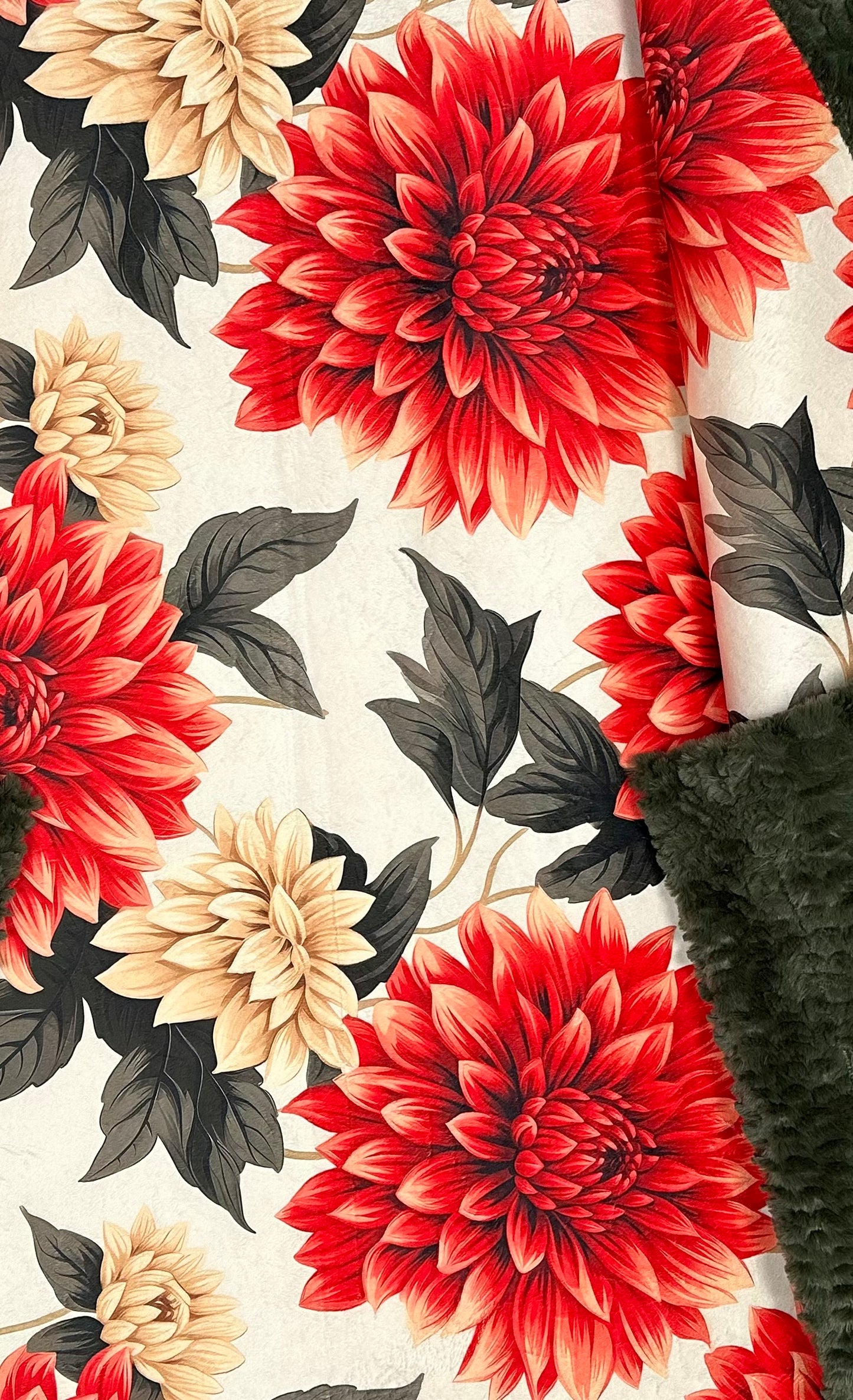 Dahlias on Loden Luxe Large 55x79 Minky Blanket Spoonflower Quality