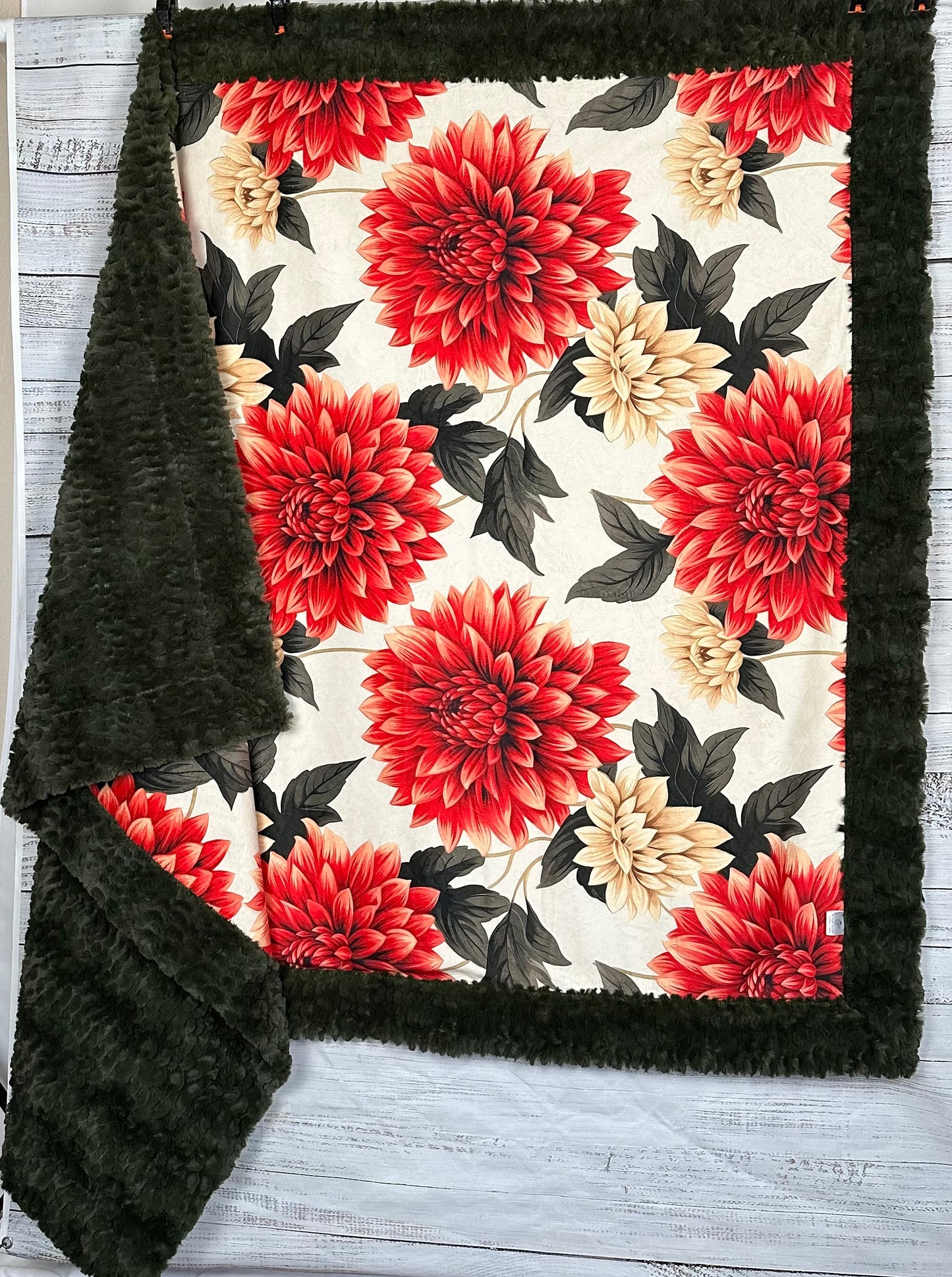Dahlias on Loden Luxe Large 55x79 Minky Blanket Spoonflower Quality