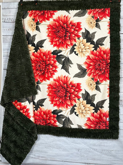 Dahlias on Loden Luxe Large 55x79 Minky Blanket Spoonflower Quality