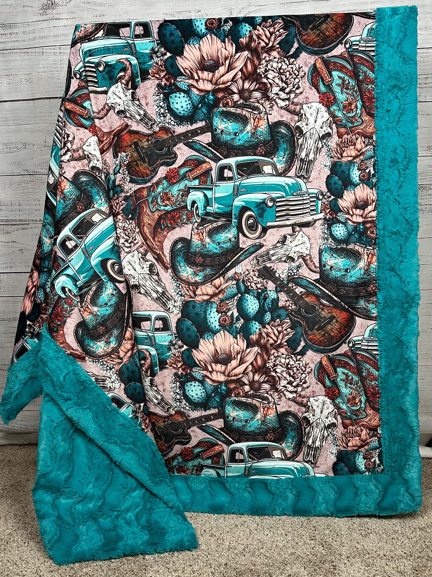 Vintage Western on Glacier Teal Luxe 55x80 Large Minky Blanket