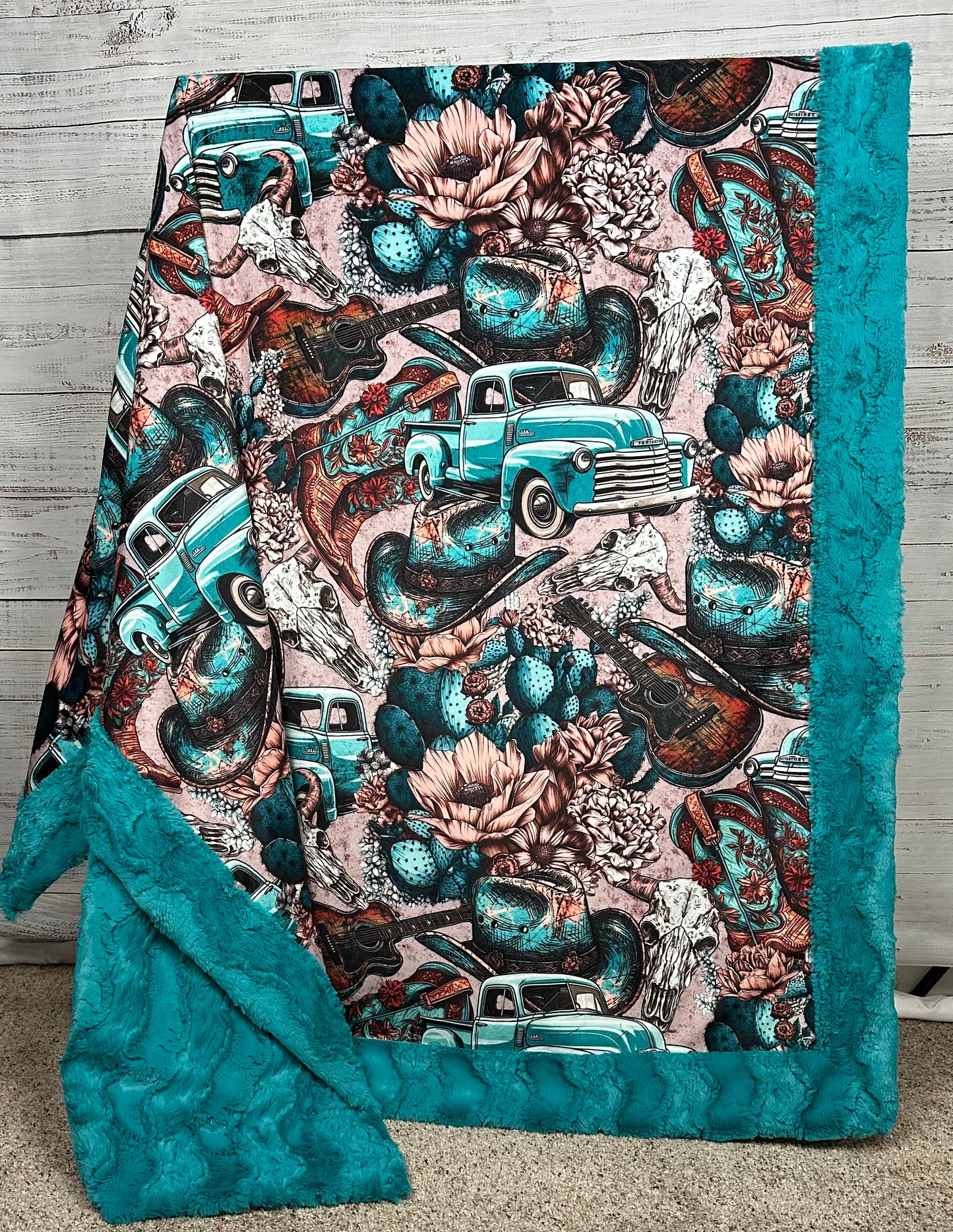 Vintage Western on Glacier Teal Luxe 55x80 Large Minky Blanket