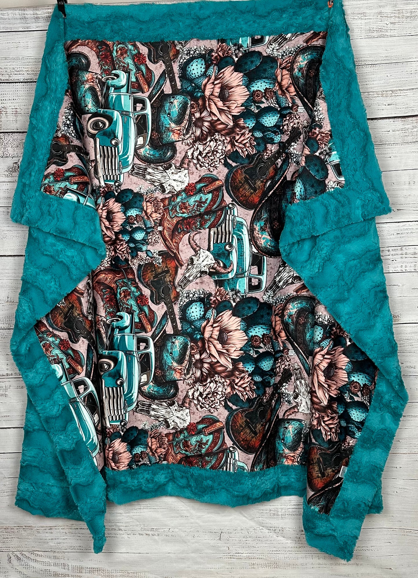 Vintage Western on Glacier Teal Luxe 55x80 Large Minky Blanket