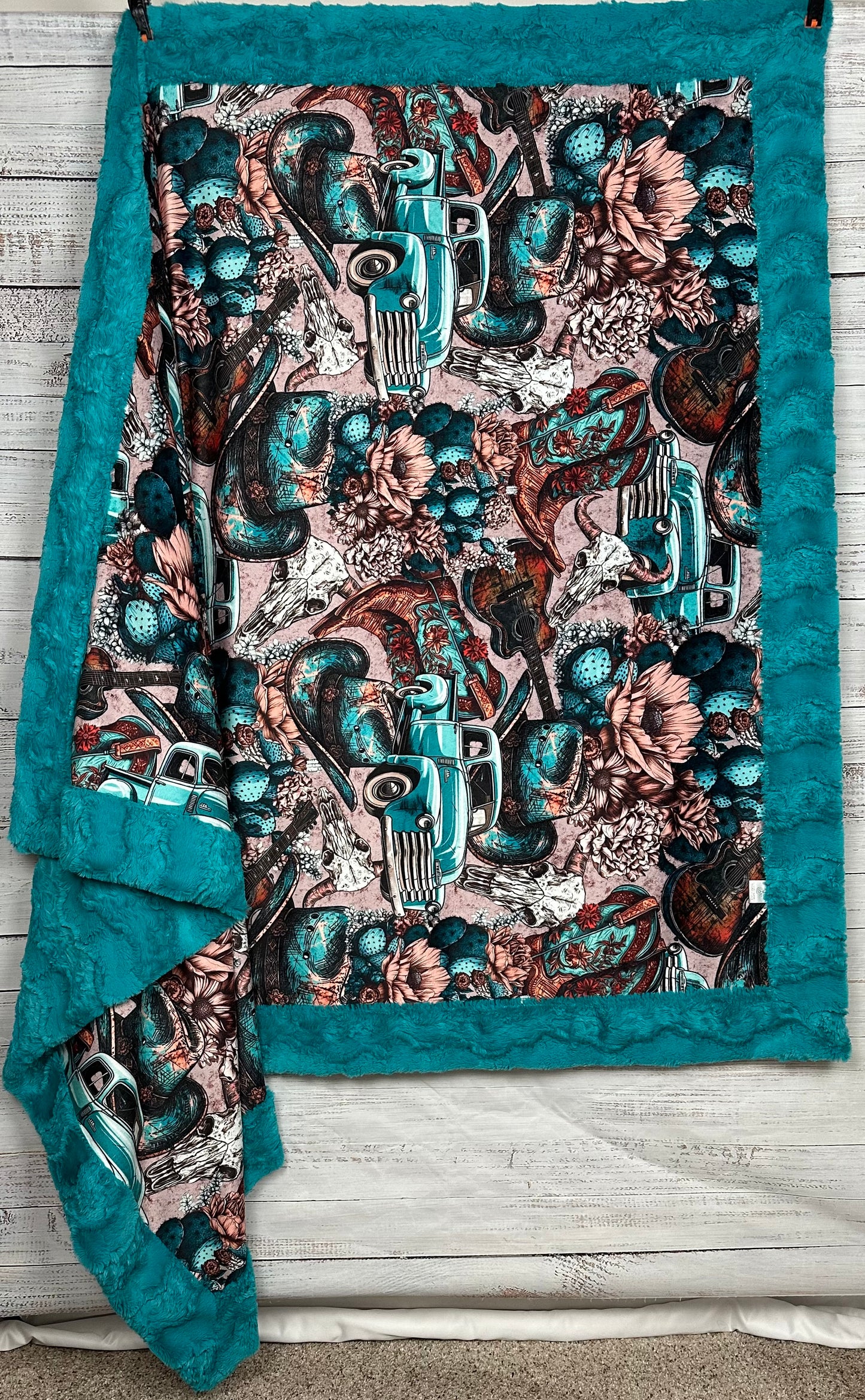Vintage Western on Glacier Teal Luxe 55x80 Large Minky Blanket