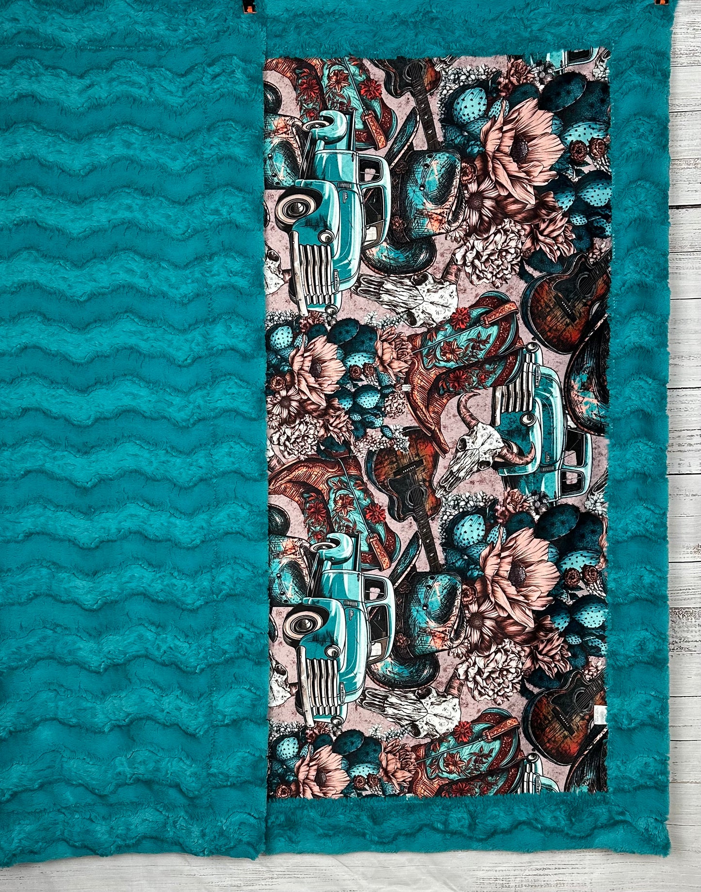 Vintage Western on Glacier Teal Luxe 55x80 Large Minky Blanket