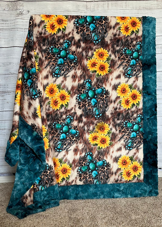 Turquoise Cross and Sunflowers on Mallard Luxe 55x80 Large Minky Blanket