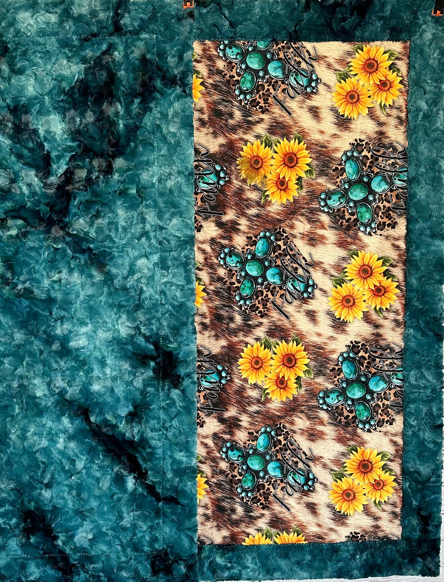 Turquoise Cross and Sunflowers on Mallard Luxe 55x80 Large Minky Blanket