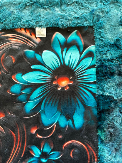 Tooled Leather Turquoise Floral on Galaxy Luxe 55x79 Large Minky Blanket