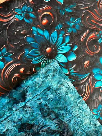Tooled Leather Turquoise Floral on Galaxy Luxe 55x79 Large Minky Blanket