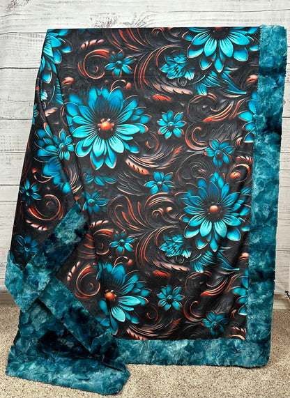 Tooled Leather Turquoise Floral on Galaxy Luxe 55x79 Large Minky Blanket