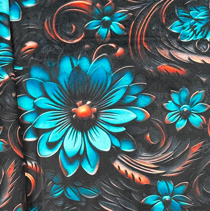 Tooled Leather Turquoise Floral on Galaxy Luxe 55x79 Large Minky Blanket