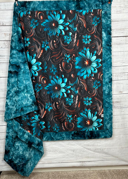 Tooled Leather Turquoise Floral on Galaxy Luxe 55x79 Large Minky Blanket