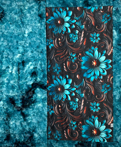 Tooled Leather Turquoise Floral on Galaxy Luxe 55x79 Large Minky Blanket