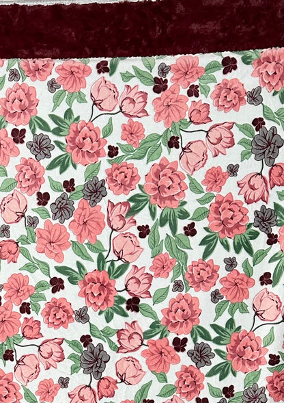 Coral Floral on Luxe Marble Merlot Minky Blanket Adult Large - 54x80