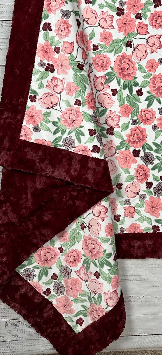 Coral Floral on Luxe Marble Merlot Minky Blanket Adult Large - 54x80