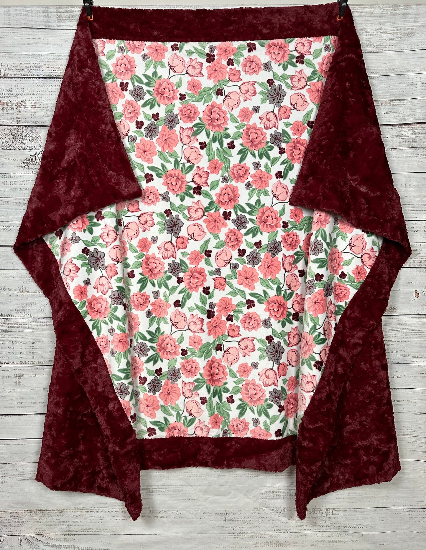 Coral Floral on Luxe Marble Merlot Minky Blanket Adult Large - 54x80