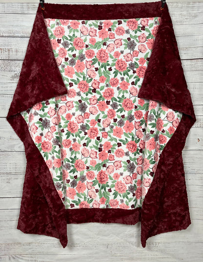 Coral Floral on Luxe Marble Merlot Minky Blanket Adult Large - 54x80