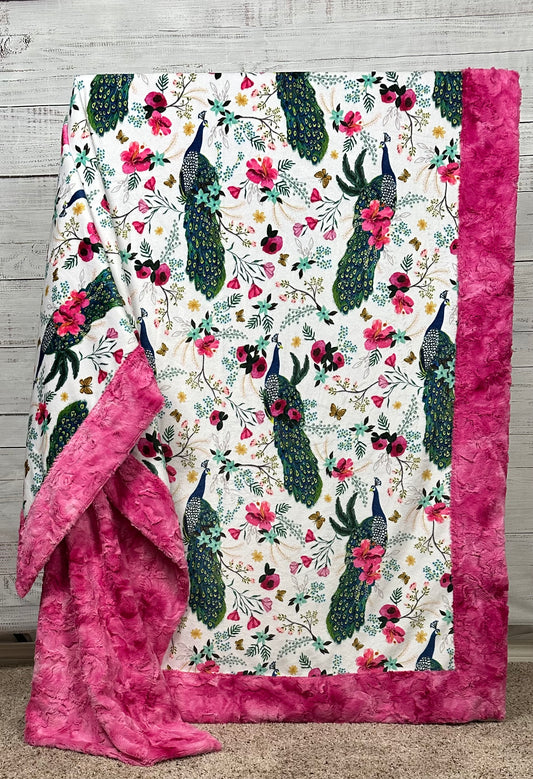 Plume Peacock Floral on Fuchsia Marble Large Minky Blanket - 55x79