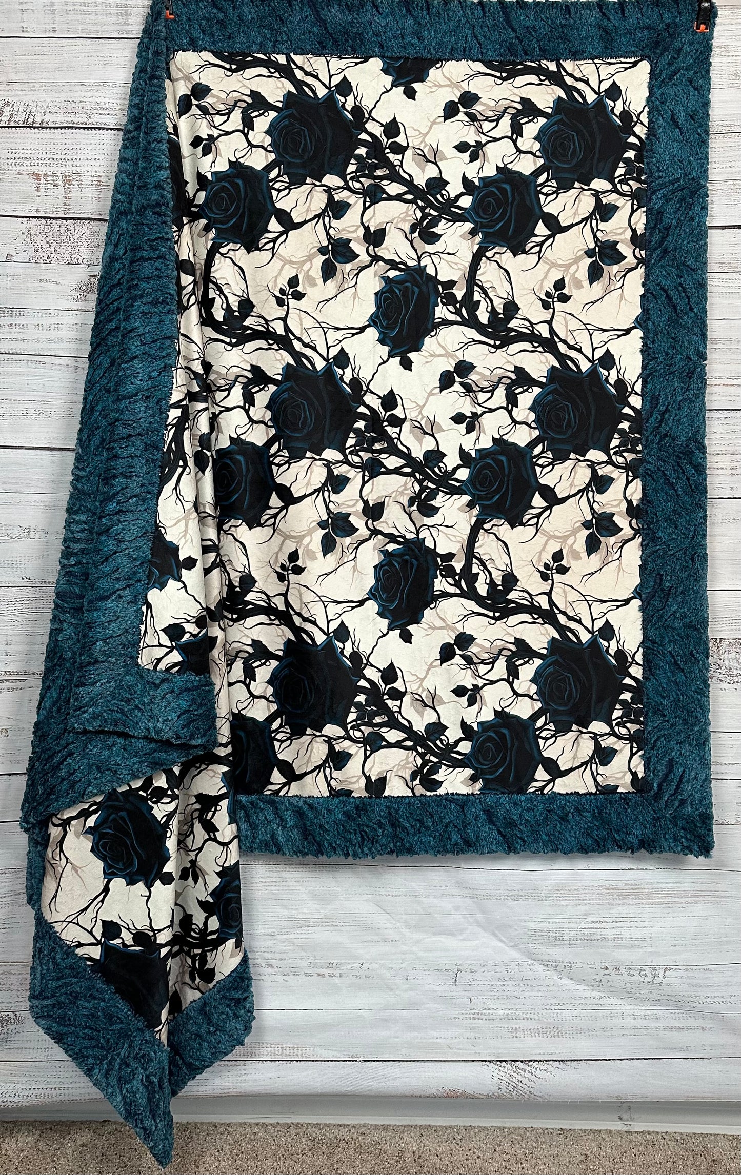 Gothic Blue Roses on Heather Zebra Large 54x79 Minky Blanket