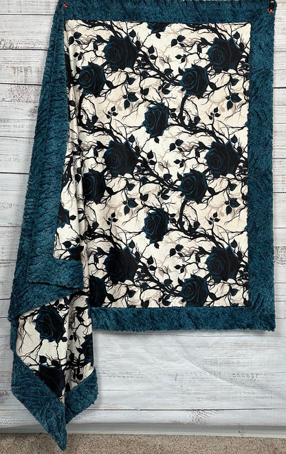 Gothic Blue Roses on Heather Zebra Large 54x79 Minky Blanket