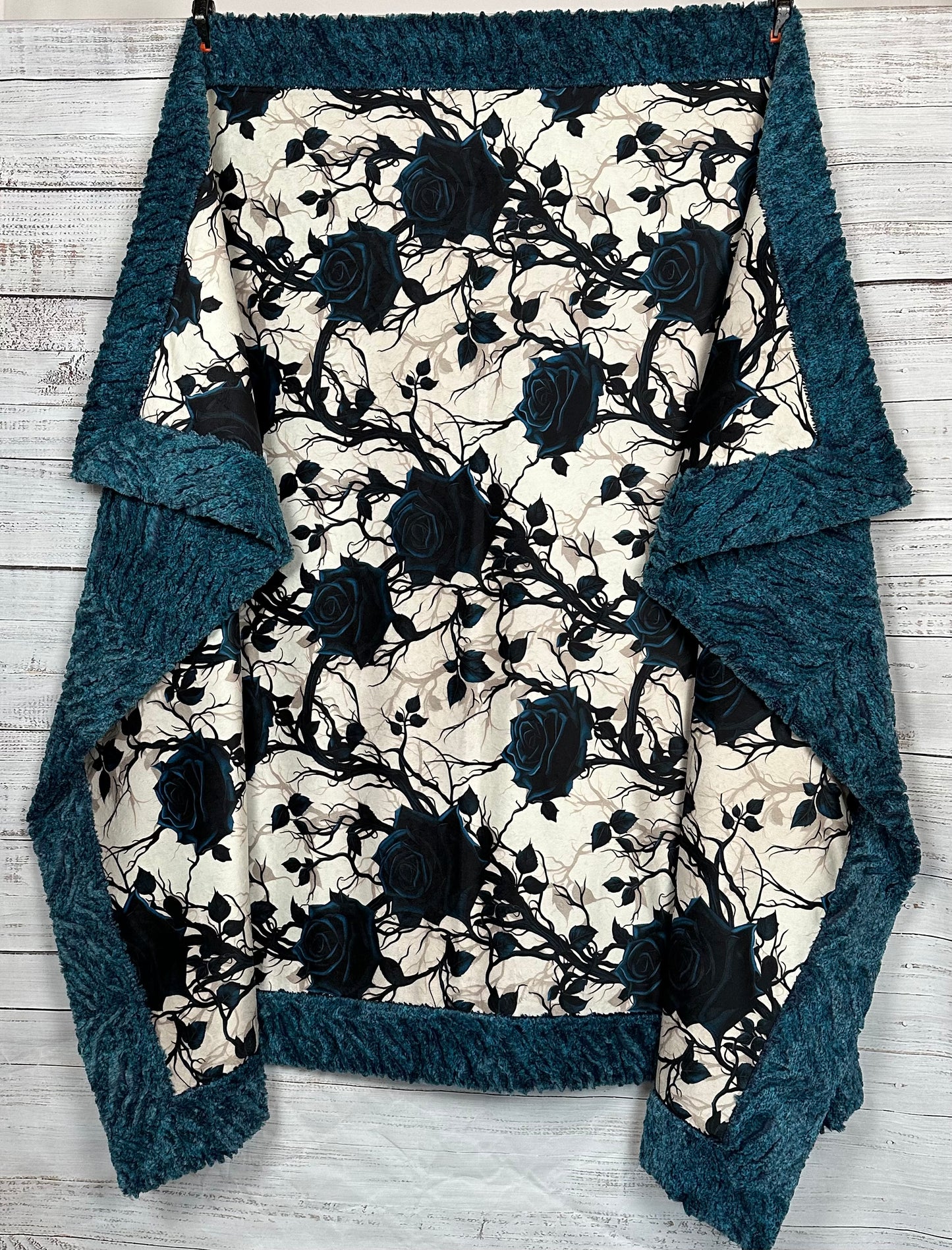 Gothic Blue Roses on Heather Zebra Large 54x79 Minky Blanket