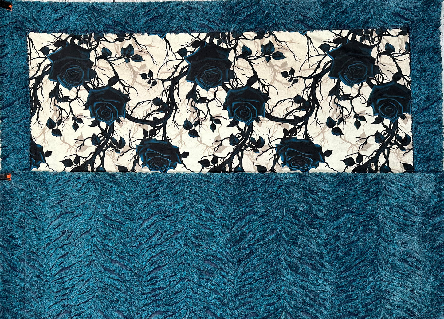 Gothic Blue Roses on Heather Zebra Large 54x79 Minky Blanket