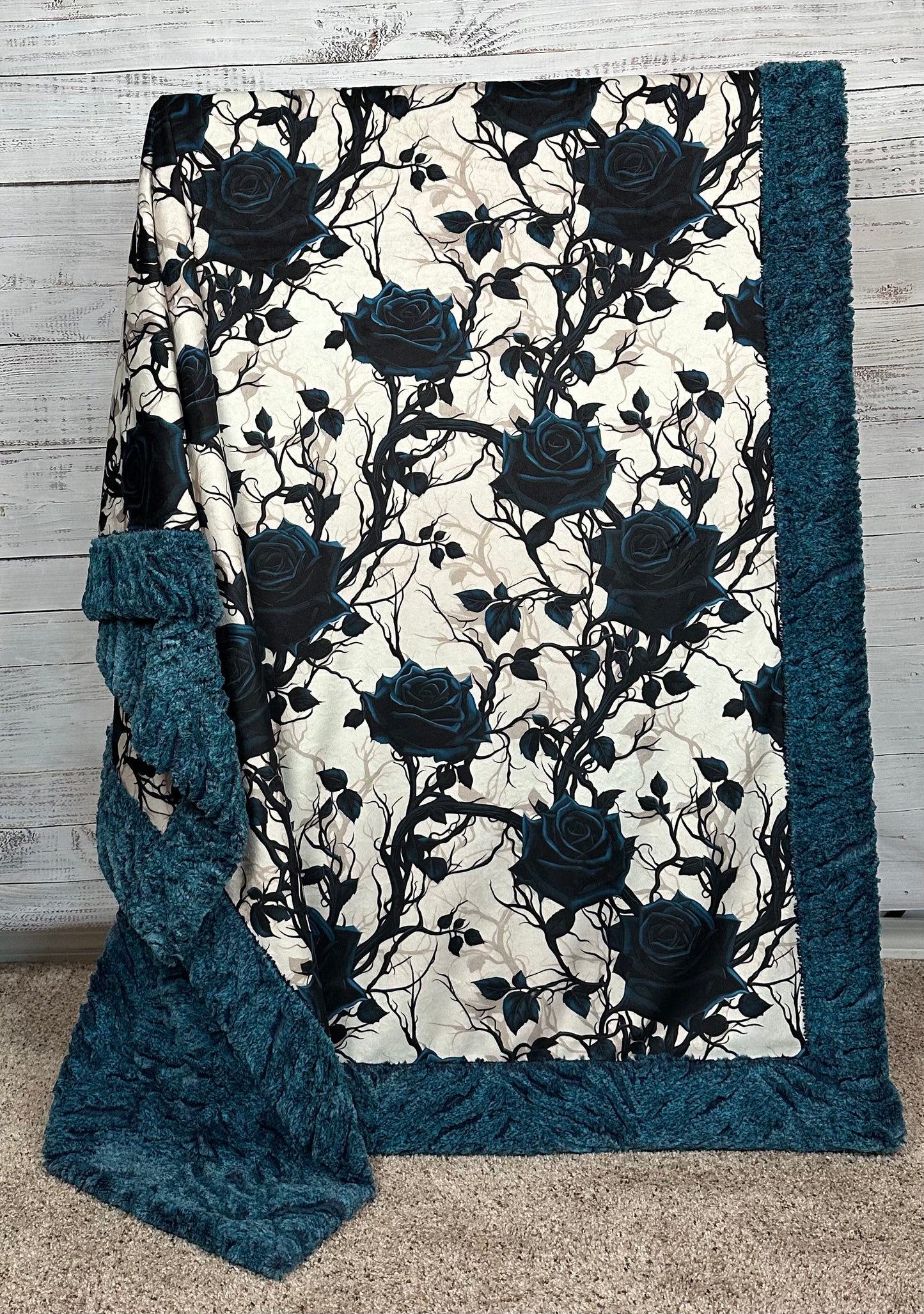 Gothic Blue Roses on Heather Zebra Large 54x79 Minky Blanket