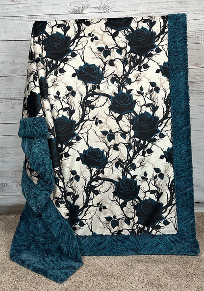 Gothic Blue Roses on Heather Zebra Large 54x79 Minky Blanket