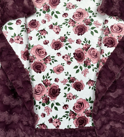 Rose Bouquet Plumwine on Glacier Plumwine Minky Blanket 54x65