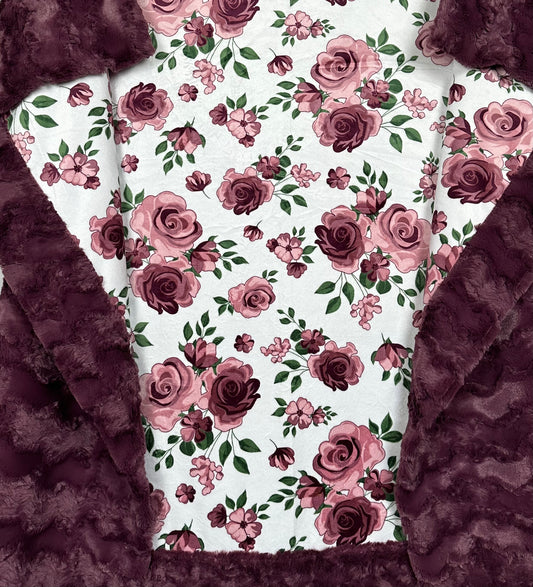 Rose Bouquet Plumwine on Glacier Plumwine Minky Blanket 54x65