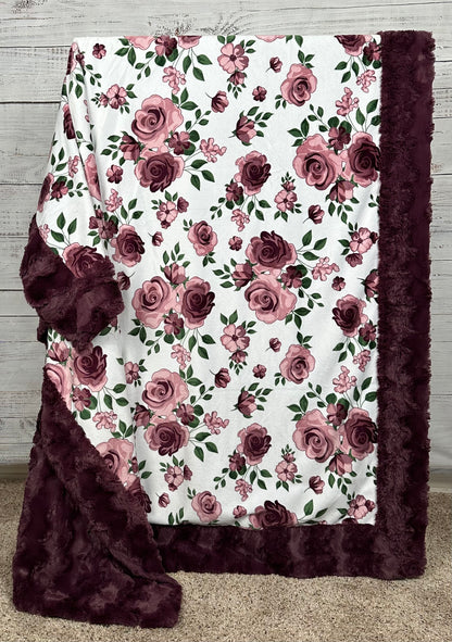Rose Bouquet Plumwine on Glacier Plumwine Minky Blanket 54x65