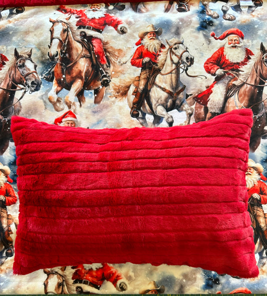 Cowboy Santa on Red Luxe Child or Adult Throw 39x59 Minky Blanket With Pillowcase