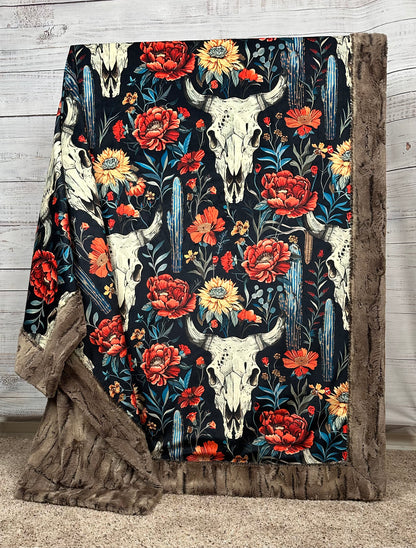 Boho Western Skull Floral on Chestnut Luxe Large 55x79 Minky