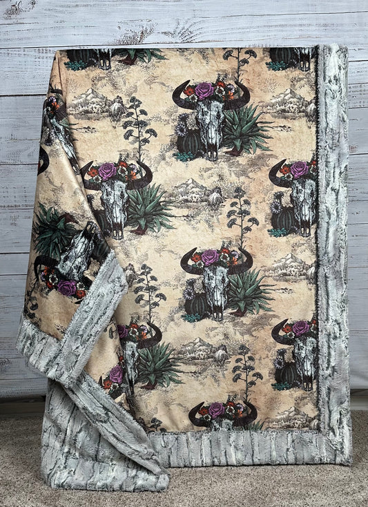 Western Americana Skull on Silver Fox Luxe Large 55x79 Minky Blanket